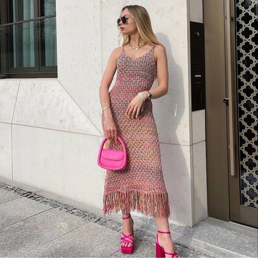Zara Multicolor Knit Fringe Maxi Dress with Pink Accessories